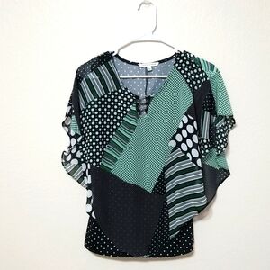 Boho blouse by Notations, size small, green and black,fully lined